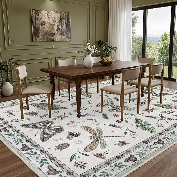 8x10 Area Rugs Living Room Rug: Vintage Washable Rug Floral Soft Carpet Indoor Floor Non-Slip Boho Stain Resistant Large Carpets for Bedroom Kids Nursery Dining Room Farmhouse Home Office Beige