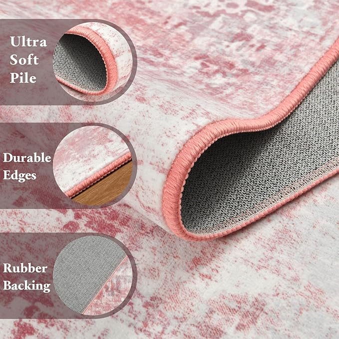 Washable Abstract Runner Rug, 2x6 Modern Area Rugs with Non-Slip Rubber Backed for Kitchen, Thin but Soft Contemporary Carpet Bedroom Entryway Hallway Decor, Pink