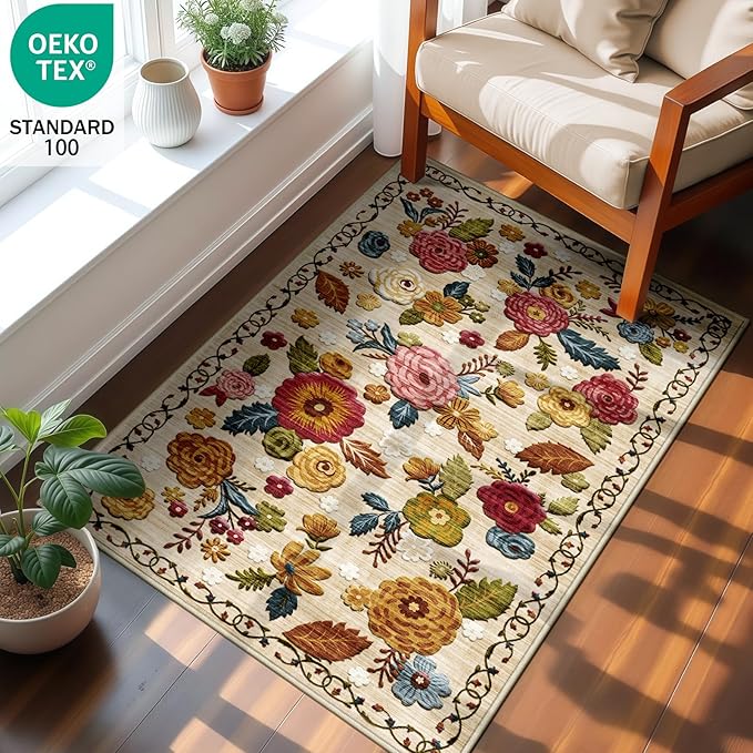 2x3 Machine Washable Area Rug for Entryway, Beige Vintage Boho Floral Rug Non-Slip Low Pile Soft Faux Wool Small Carpet, Kids and Pets Friendly for Bedroom Kitchen Hallway Bedside Home Decor Rug