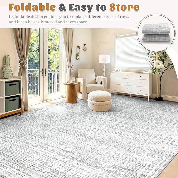 6x9 Area Rugs for Living Room, Washable Large Area Rug Neutral Modern Abstract Bedroom Rug Soft Non Slip Low Pile Stain Resistant Indoor Carpet for Nursery Kids Dining Room Office(Grey, 6'x9')
