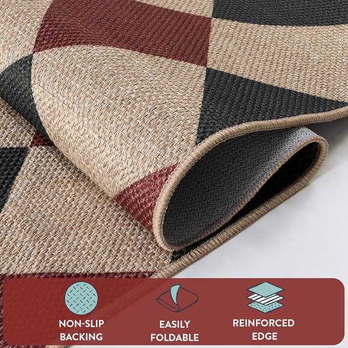 Lahome Christmas Runner Rug, 2x8 Christmas Kitchen Decor Checkered Non Slip Entryway Runner Rug, Checkerboard Red and Black Indoor Outdoor Xmas Decorations for Hallway 8ft Entry Bathroom