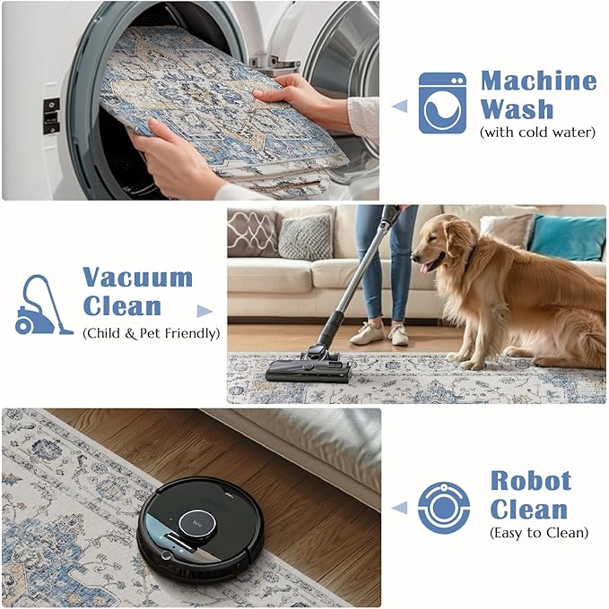 jinchan Area Rug 5x7 Vintage Washable Bedroom Rug Floral Medallion Lightweight Non Slip Thin Retro Classic Soft Boho Floor Cover Farmhouse Carpet for Living Room Dining Room Kitchen Blue