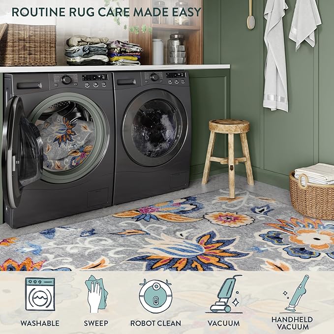 Lahome Floral Hallway Runner - 2x6 Washable Non-Slip Kitchen Runner Rug, Throw Lightweight Soft Bathroom Runner Rug Grey Paisley Print Indoor Carpet Runner for Entrance Bedroom Laundry Living Room