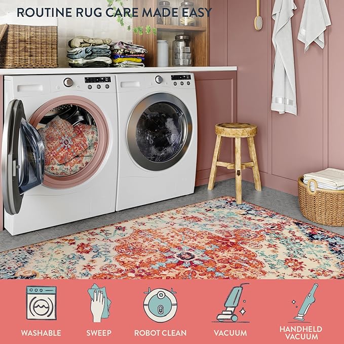 Lahome Bohemian Floral Medallion Area Rug - 2x3 Oriental Distressed Small Bath Rug Country Vintage Doormat Faux Wool Non-Slip Washable Low-Pile Carpet for Bathroom Kitchen Laundry Room Decor