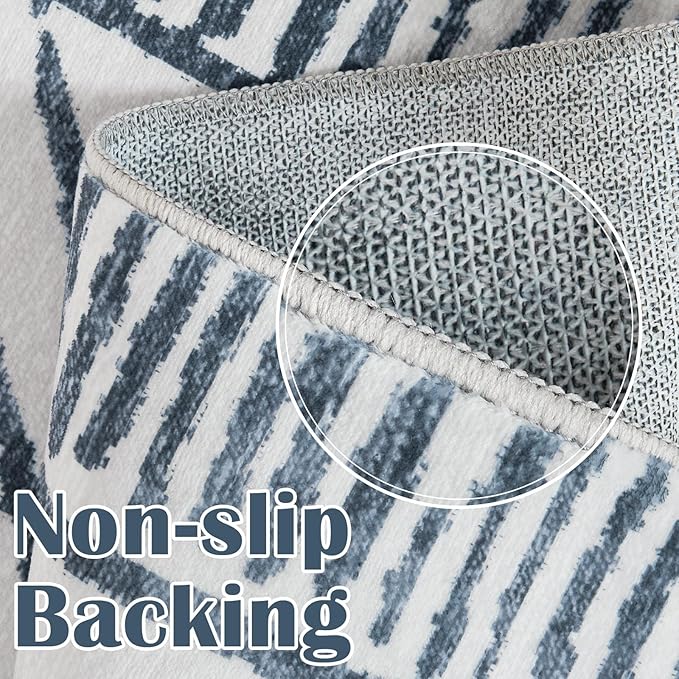 jinchan Moroccan 2x3 Rug for Entryway - Machine Washable Rug Modern Geometric Kitchen Soft Faux Wool Non-Slip Indoor Doormat Ultra-Thin Carpet for Entrance Bathroom Bedroom Living Room (2x3ft, Blue)