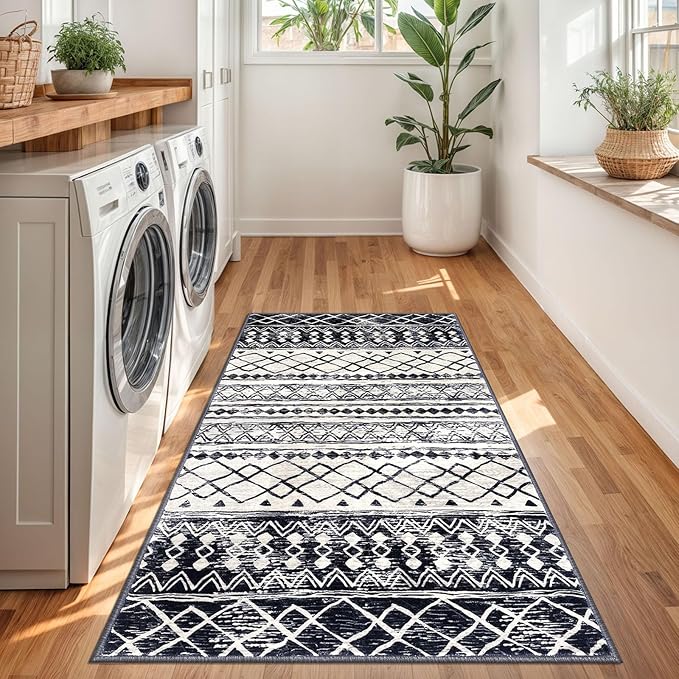 KUTA Boho Moroccan 3x5 Rugs for Entryway, Black Non-Slip Washable Low-Pile Living Room Area Rug, Ultra Soft Distressed Geometric Print Throw Carpet for Entrance, Bedroom, Nursery, Dorm, Kitchen
