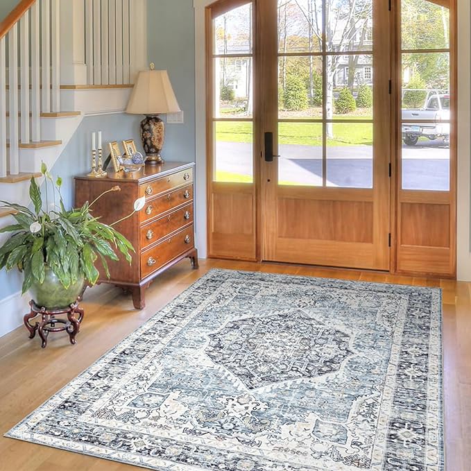Area Rug 3×5, Vintage Boho Rug,Ultra-Soft Low Pile, Washable, Non Slip,Stain Resistant Printed Carpet for Living Room Bedrooms Playroom Office Kitchen, Light Blue
