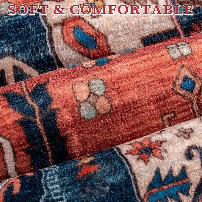 SERISSA Area Rug 3x5 Boho Rugs for Bedroom, Washable Non-Slip Kitchen Rugs, Ultra Soft Print Distressed Tribal Rust Rug Low-Pile Throw Rug Carpet for Entry Bedroom Nursery Living Room Dorm Decor