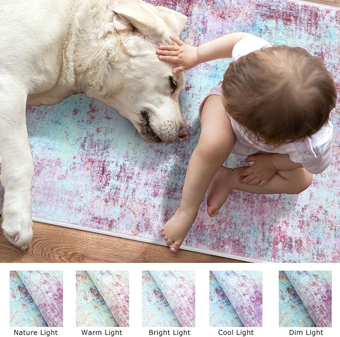 Modern Abstract 2x3 Girls Room Rug, Machine Washable Blush Pink Sky Blue Small Area Rug Thin Kitchen Mat Non-Slip, Print Faux Wool Soft Floor Carpet for Girl Women's Bedroom Entryway Bedside