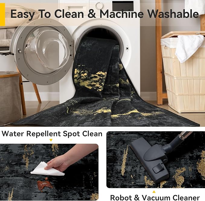 Washable Area Rugs 2'x10' Non-Slip Modern Abstract Soft for Living Room Entryway Bedroom Nursery, Print Pattern, Dark Black Gold