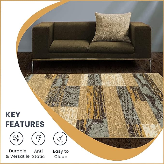SUPERIOR Indoor Runner Rug, Jute Backed, Modern Geometric Patchwork Floor Decor for Bedroom, Office, Living Room, Entryway, Hardwood Floors, Rockwood Collection, 2' 7" x 10', Light Blue-Beige