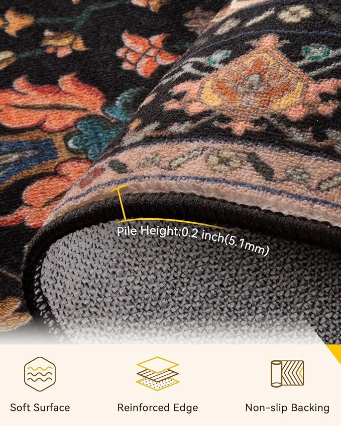 Area Rugs 8ft Washable Non-Slip, Floral Vintage Distress Print Pattern Medallion Carpet for Living Room Bedroom Dining Room, Black Colorful Floral Dark Tan