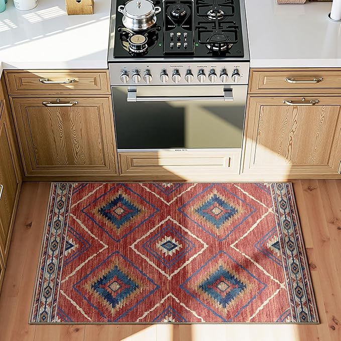 Area Rug 2x4 Rug Machine Washable Non-Slip Low Pile Print Pattern Western Rug for Living Room Bedroom Entryway Tribal Series-Red/Orange
