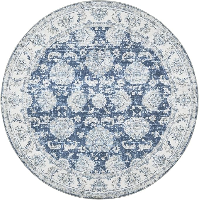 jinchan Fiora Round Rug 6ft Area Rug - Dark Blue Vintage Floor Mat Indoor Ultra-Thin Soft Floral Print - Washable Circle 6' Retro Accent for Farmhouse Non Slip Dining Room Living Room Bedroom Office
