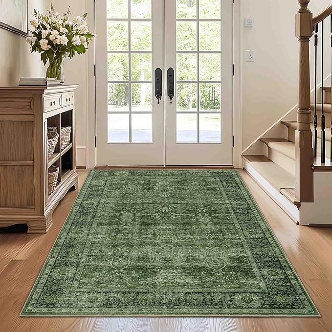 3x5 Washable Area Rug for Living Room Bedroom Dining Room Non-Slip Low Pile Boho Vintage Distressed Entryway Rug Traditional Floral Retro Accent Throw Carpet for Dining Room Bathroom Kitchen Green