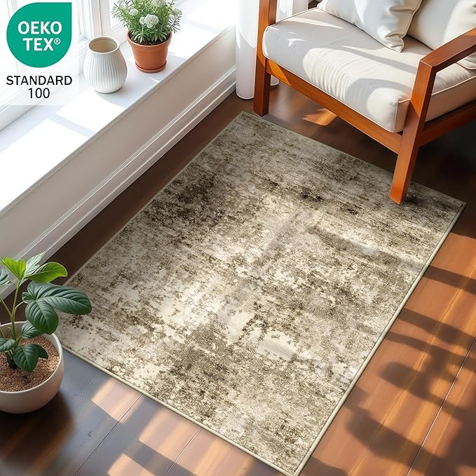 2x3 Machine Washable Area Rug for Entryway, Brown Modern Vintage Abstract Rug Non-Slip Low Pile Soft Faux Wool Small Carpet, Kids and Pets Friendly for Bedroom Kitchen Hallway Home Decor Rug