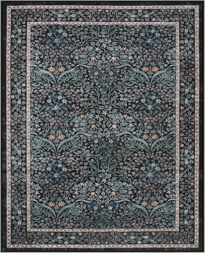 Lahome Floral Washable Rugs 8x10, Soft 8x10 Area Rugs for Living Room Bedroom, Boho Non-Slip Forest Stain Resistance Large Throw Carpet for Farmhouse Dining Room Office, Black