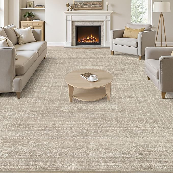 5x7 Area Rugs Living Room: Washable Large Vintage Rug Neutral Non-Slip Soft Stain Resistant Indoor Carpet for Bedroom Nursery Dining Room Under Table Bed Home House Office Playroom - Brown