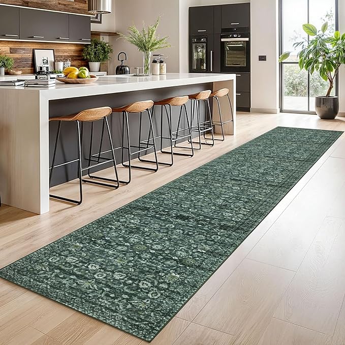 Runner Rug 2.6x14, Dark Green Washable Long Hallway Rug Runner Non-Slip Soft Kitchen Runner Thin Printed Faux Wool Super Soft Carpet for Entryway Bedroom Laundry Room Indoor Home Decor
