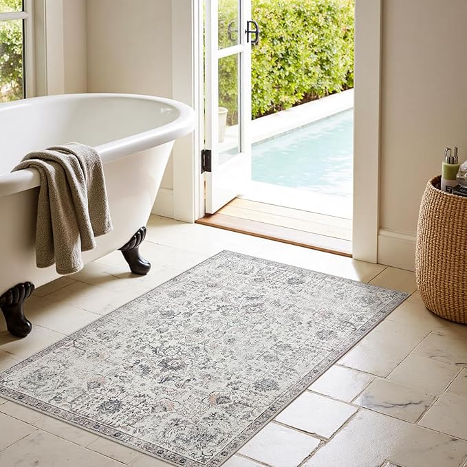 jinchan Kalen Area Rug 3x5 Washable Entryway Rug Vintage Door Mat Indoor Entrance Thin Retro Distressed Gray Floral Doormat Country Boho Lightweight Non Slip Carpet for Bathroom Kitchen Bedroom Grey