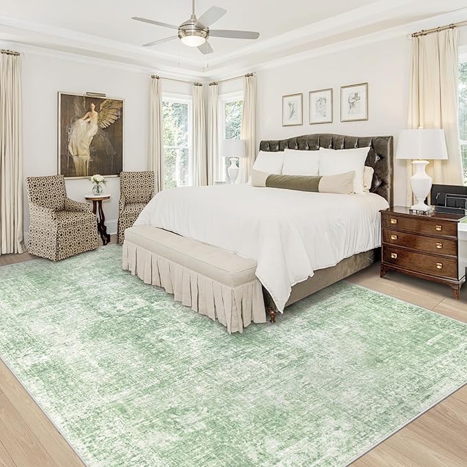 Area Rug 10x14 Washable Rug, Vintage Boho Medallion Rugs Non-Slip Soft Low Pile Large Distressed Rug Indoor Retro Carpet for Living Room Bedroom Dining Room Home Office (Sage Green, 10'x14')