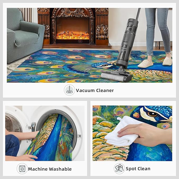 Peacock Rug Large - 8x10 Rug, Turquoise Teal Peafowl Washable Rugs for Living Room, Peafowl Decor Carpet, Modern Style Non-Slip Area Rugs for Bedroom, Aesthetics Carpet - Peafowl Home Decor & Gifts