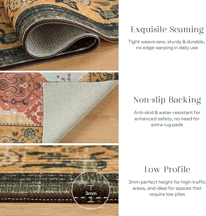 Phantoscope Washable Area Rug 5'x7' Non-Slip, Vintage Boho Rugs for Living Room, Bedroom, Dining Room, Distressed Moroccan Mosaic Diamond Pattern, Low-Pile Foldable Floor Carpet, Terracotta/Rust