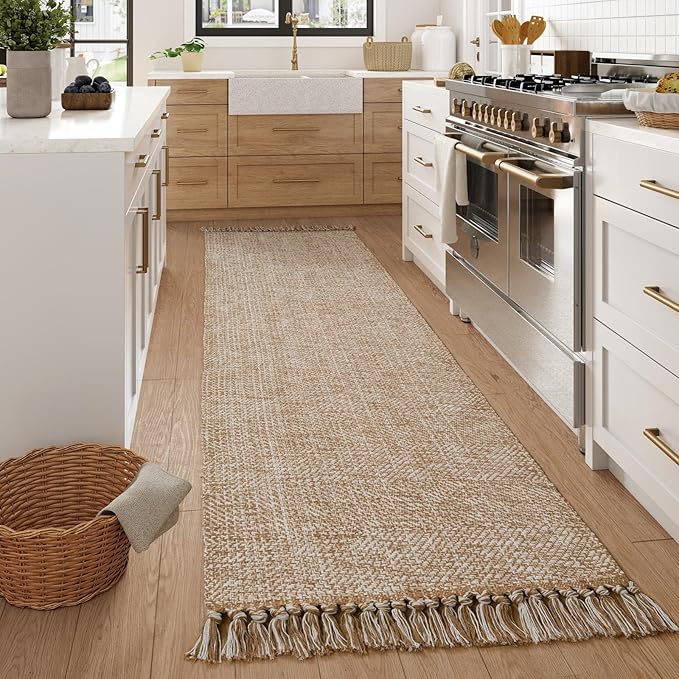 Collive Washable Carpet Runners for Hallway 12ft, Boho Long Rugs for Kitchen Cotton Hand Woven Bedroom Runner Rug Tan/Cream Low Pile Natural Floor Carpet for Indoor Hall Entryway