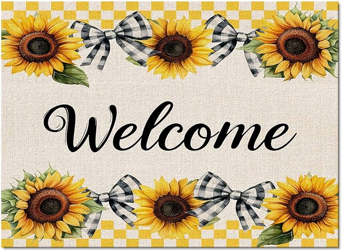 Summer Sunflowers Rectangular Welcome Area Rugs for Living Room Bedroom 4 x 6 ft Bow Tie Plaids Non-Shedding Soft Low Pile Rug Rustic Linen Non Slip Washable Rug for Nursery Entryway Playroom