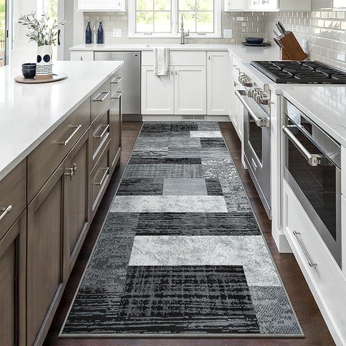 Indoor Runner Rug, Washable Runner Rug with Rubber Backing, Modern Geometric Patchwork Aesthetic Carpet for Bedroom, Living Room, Hallway, Entryway, Washable Rug Rockwood Collection, 2x6 Ft Grey