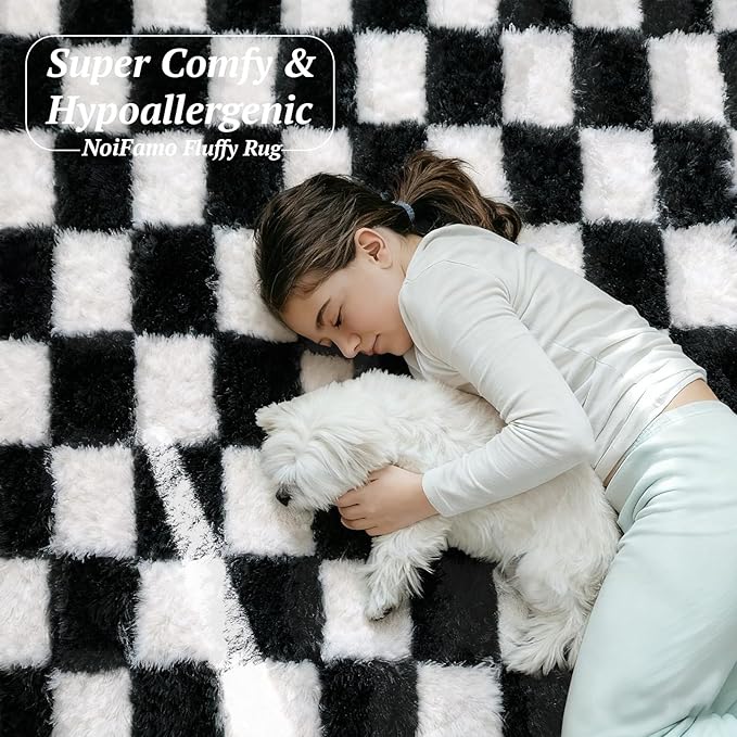 5x7 Area Rugs for Living Room Bedroom, Soft Fluffy Shaggy Bedside Rug, Indoor Floor Carpet for Kids Playroom, Dorms, Nursery Rooms, Home Decor (Black & White 5'x7')