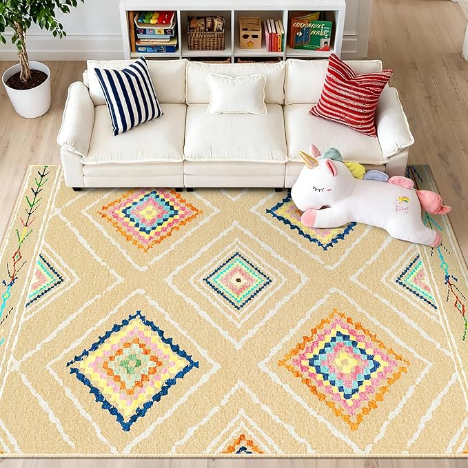 Area Rug 8x10 Rug Machine Washable Non-Slip Low Pile Print Pattern Western Rug for Living Room Bedroom Entryway Tribal Series -Cream/Beige