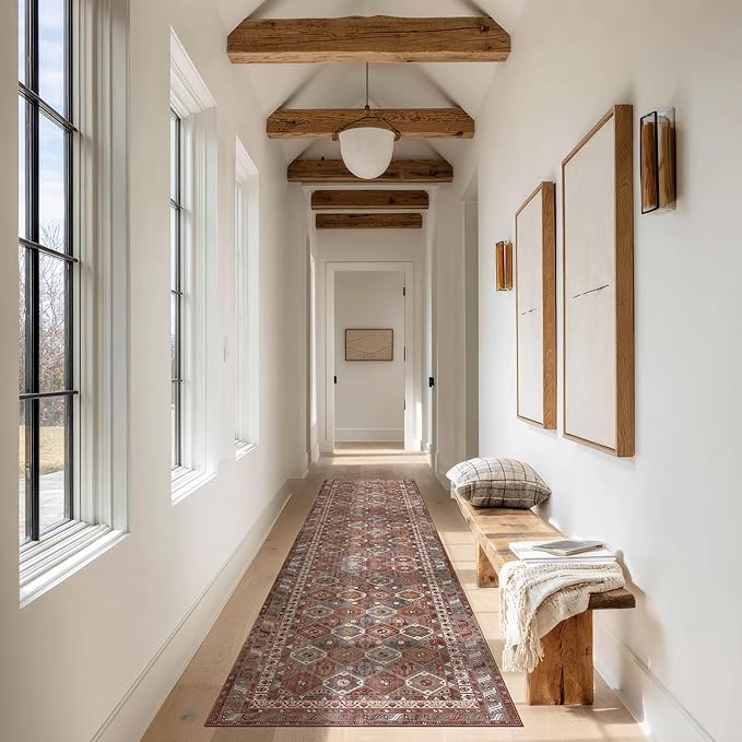 Kuden 2'6"x7' Runner Rug, Machine Washable Area Rug with Non-Slip Backing, Vintage Style, Soft, Easy Clean, Low Pile Rug for Hallway, Entryway, Kitchen, Bedroom