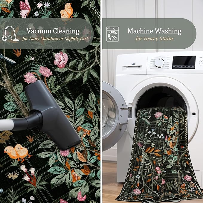 Morebes Black Boho 8x10 Area Rugs for Living Room, Washable Large Floral Rug Non Slip, Soft Flower Birds Low-Pile Floor Indoor Carpet for Bedroom Dining Room Dorm Playroom Nursery