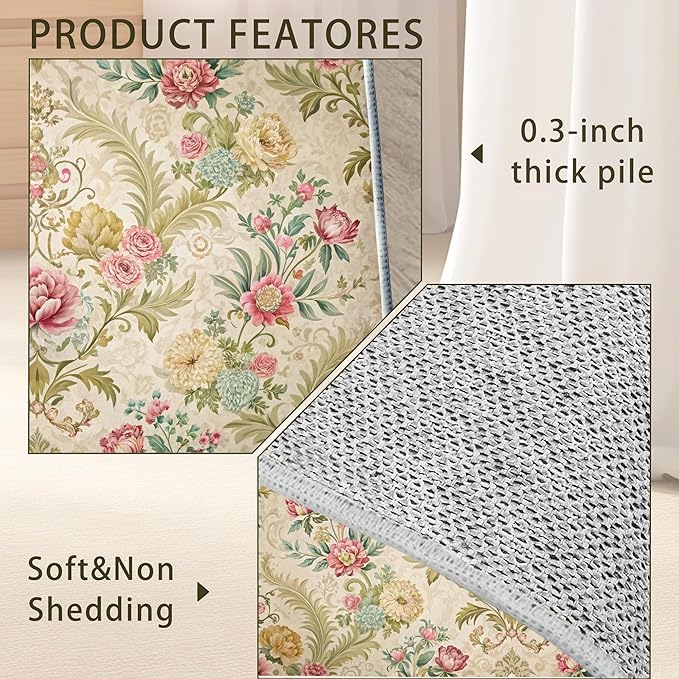 Chic Vintage Rose Rug for Living Room 5x7, Low Pile Non-Slip Backing, Machine Washable Easy Fold Rug for Home, Office, Dorm Room