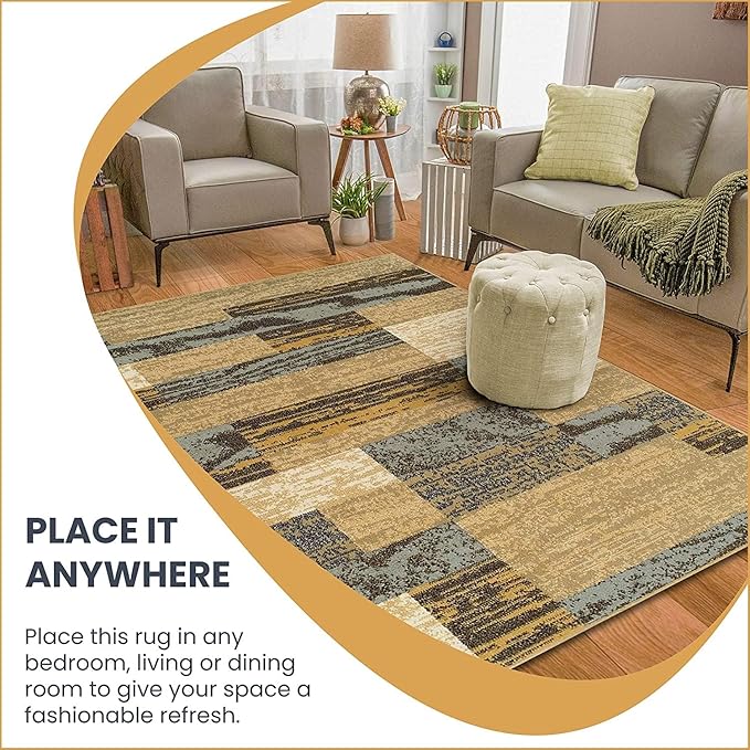 Superior Indoor Area Rug, Jute Backed, Modern Geometric Patchwork Floor Decor for Bedroom, Office, Living Room, Entryway, Hardwood Floors, Rockwood Collection, 3' x 5', Light Blue-Beige