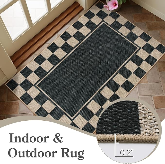 Moynesa Easy Jute Runner Rugs Washable 2.5x8 Entryway Runners Rug for Kitchen Black Checkered Carpet for Indoor Outdoor Non Slip Mat for Hallways Bathroom Bedroom Laundry Living Room Corridor