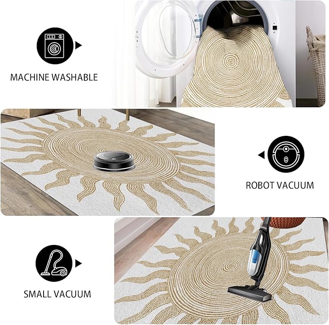 Boho Washable Rugs for Bedroom 5x7, Modern Sun Print Soft Minimalism Area Rug, Non Slip Low Pile Abstract Carpet for Classroom Living Room Decor Dining Room Sofa Kids Nursery Room, Beige Yellow