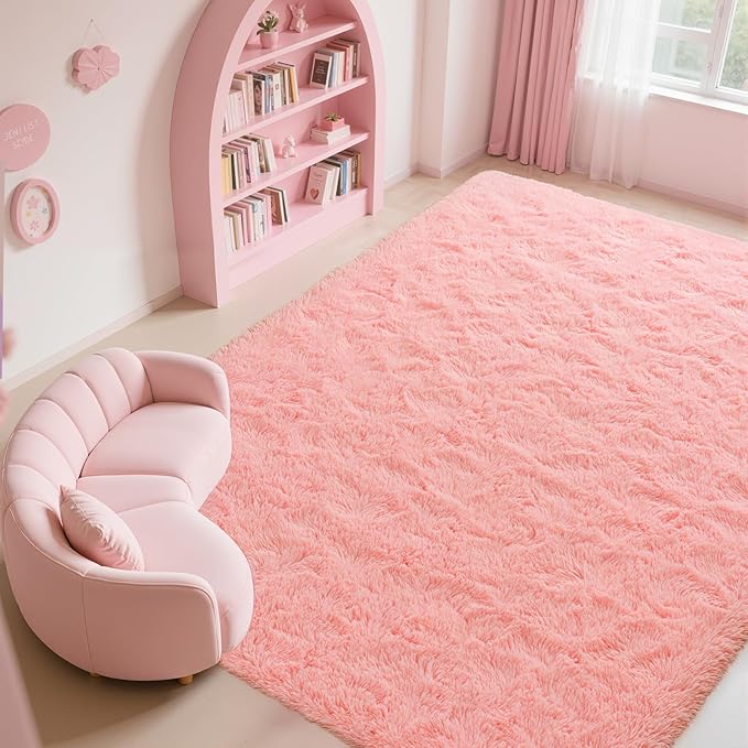 Zentavio Pink Rugs for Girls Room 8x10 Large Area Rugs for Living Room Cute Carpet for Bedroom Washable Soft Fluffy Shag Aesthetic Plush High Pile Rug for Nursery Kids Room Dorm Room