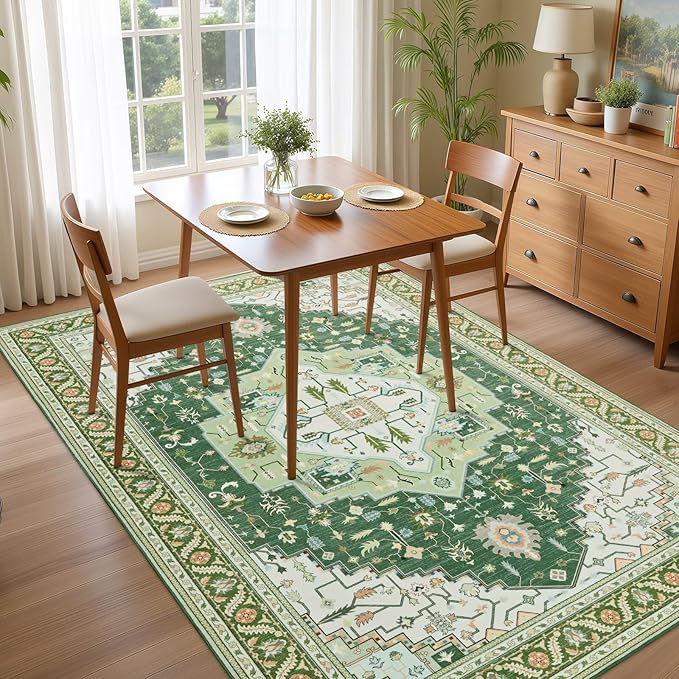 6x9 Green White Area Rug for Living Room, Machine Washable Rugs with Non-Slip Backing for Bedroom, Vintage Medallion Carpet Dining Room Office Kids Room Decor
