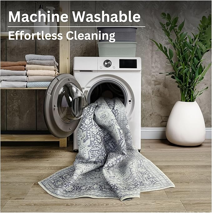 Bloom Rugs Washable Non-Slip 3' x 5' Rug - Charcoal Blue Traditional Medallion Area Rug for Living Room, Bedroom, Dining Room, and Kitchen - Exact Size: 3' x 5'