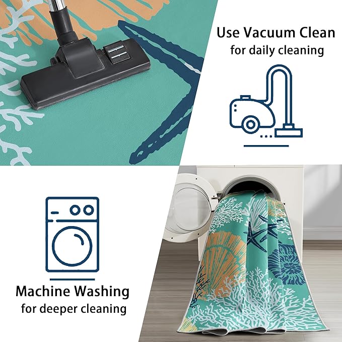 Tritard Coastal Area Rug 3x5 - Small Machine Washable Foldable Throw Rugs Non-Slip Beach Ocean Entryway Indoor Entrance Carpet for Kitchen Bathroom Laundry Bedroom Living Room, Teal and Turquoise