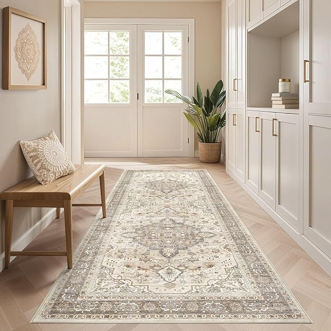 Runner Rug Kitchen Washable Rugs: 2x6 Non-Slip Boho Soft Vintage Stain Resistant Indoor Floor Neutral Farmhouse Throw Carpet for Hallway Bathroom Laundry Room Entryway Bedroom- Brown