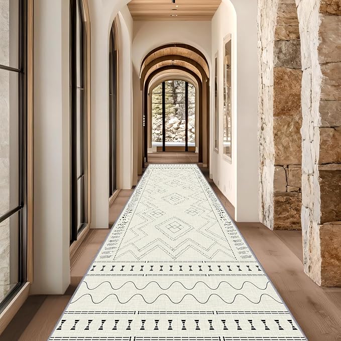 Beige White Runner Rug, 2x10ft Black Geometric Square Pattern Hallway Decor Rug - Modern Home Corridor & Foyer Accent Carpet, Non-Slip Mat Washable Rugs, Stylish Carpet for Hallway Spaces