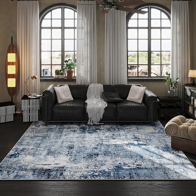 Rugcomf 9x12 Boho Rug Soft Area Rug Non-Slip Non-Shedding Faux Wool Vintage Rug for Living Room, Dining Room, Kids Playroom, Blue
