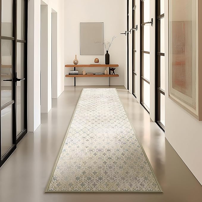 Phantoscope Washable Runner Rug 2'x10' Non-Slip, Modern Hallway Rugs for Entryway, Stair, Bedroom, Dining Room, Distressed Geometric Floral Pattern, Low-Pile Foldable Floor Carpet, Teal Floral/Beige