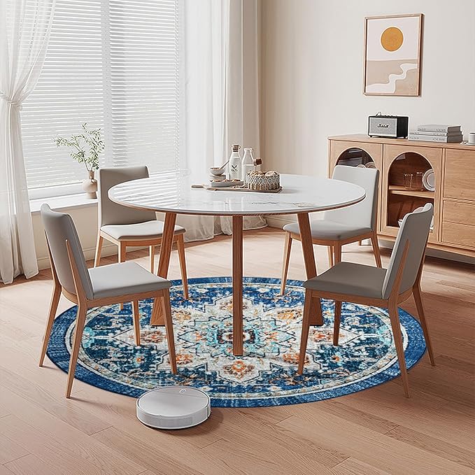 Easy-Going Round Rug 5ft Area Rug Washable Boho Circle Rugs for Living Room Non-Slip Bedroom Rug Low Pile Lightweight Tangerine Vintage Throw Rug for Dining Room Kitchen Office, Floral Aqua Yellow