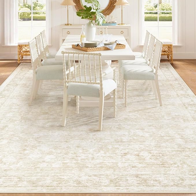 8x10 Area Rugs for Living Room: Washable Large Vintage Floral Rug Low Pile Non-Slip Boho Carpet for Bedroom Dining Home Office (Beige, 8'x10')