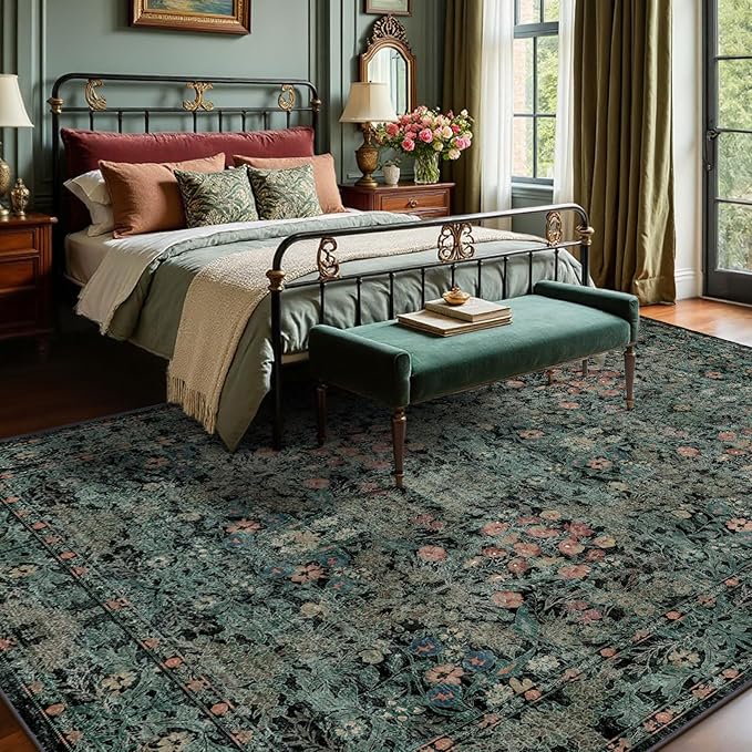 Boho Dark Green Floral Area Rug 8x10 for Living Room, Washable Farmhouse Moody Rug for Bedroom, Dining Room Under Table, Cottage Core Distressed Low Pile Non Slip Carpet, Soft Large Mat