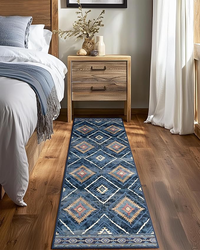 Area Rug 2x6 Rug Machine Washable Non-Slip Low Pile Print Pattern Western Rug for Living Room Bedroom Entryway Tribal Series -Darkblue